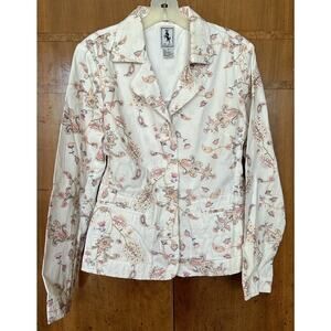 VTG Tres Jolie Embroidered White Cotton Blazer Size 8 Buttons Boho Art To Wear